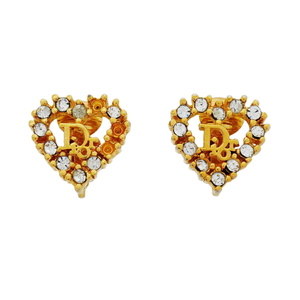 Christian Dior Earrings, Heart Motif, GP Plated, Rhinestone, Gold, Women's